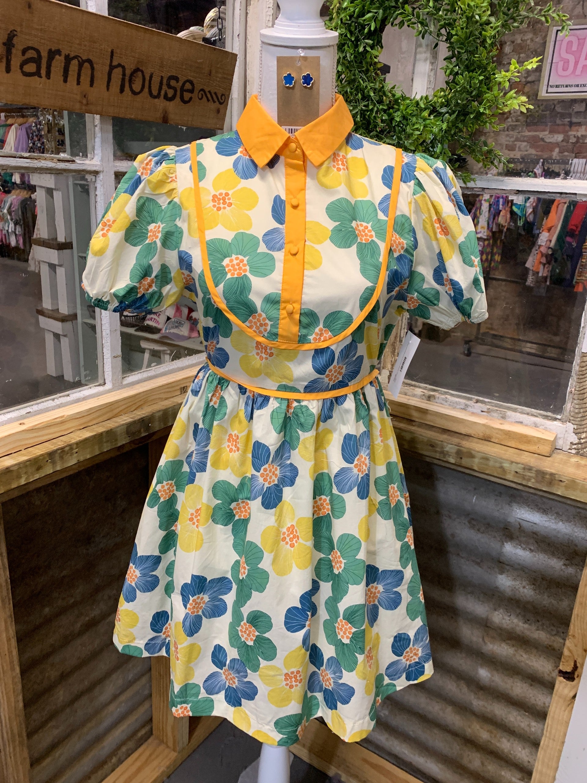 green floral babydoll dress Green Floral Puff Sleeve Collar Buttoned Babydoll Dress Green / M / 100%Polyester